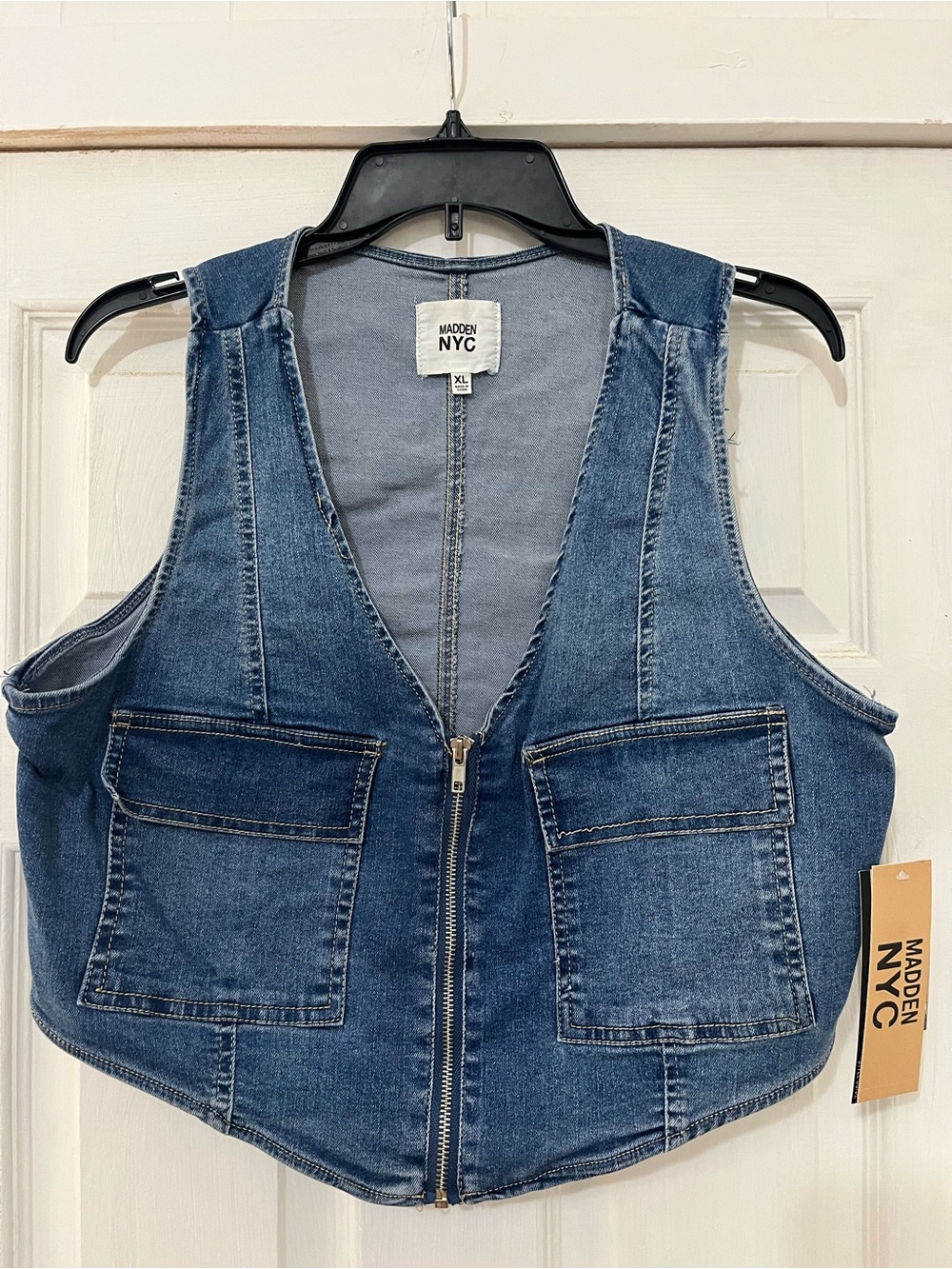 Madden NYC Women's Blue Denim Zip Crop Vest
